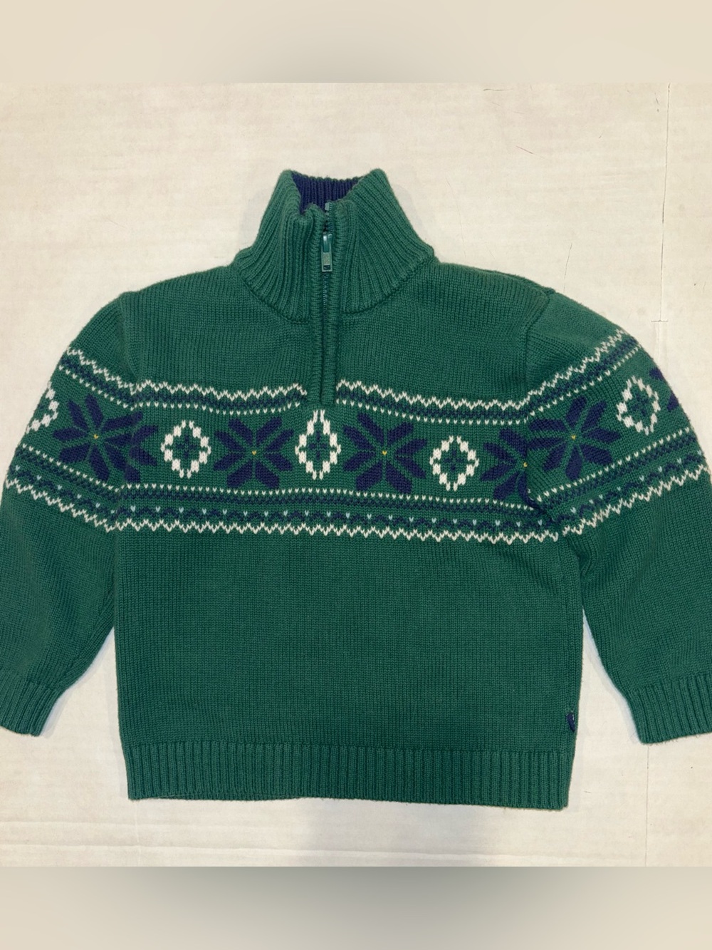 Izod Green Half-Zip Sweater with White and Navy Fair Isle